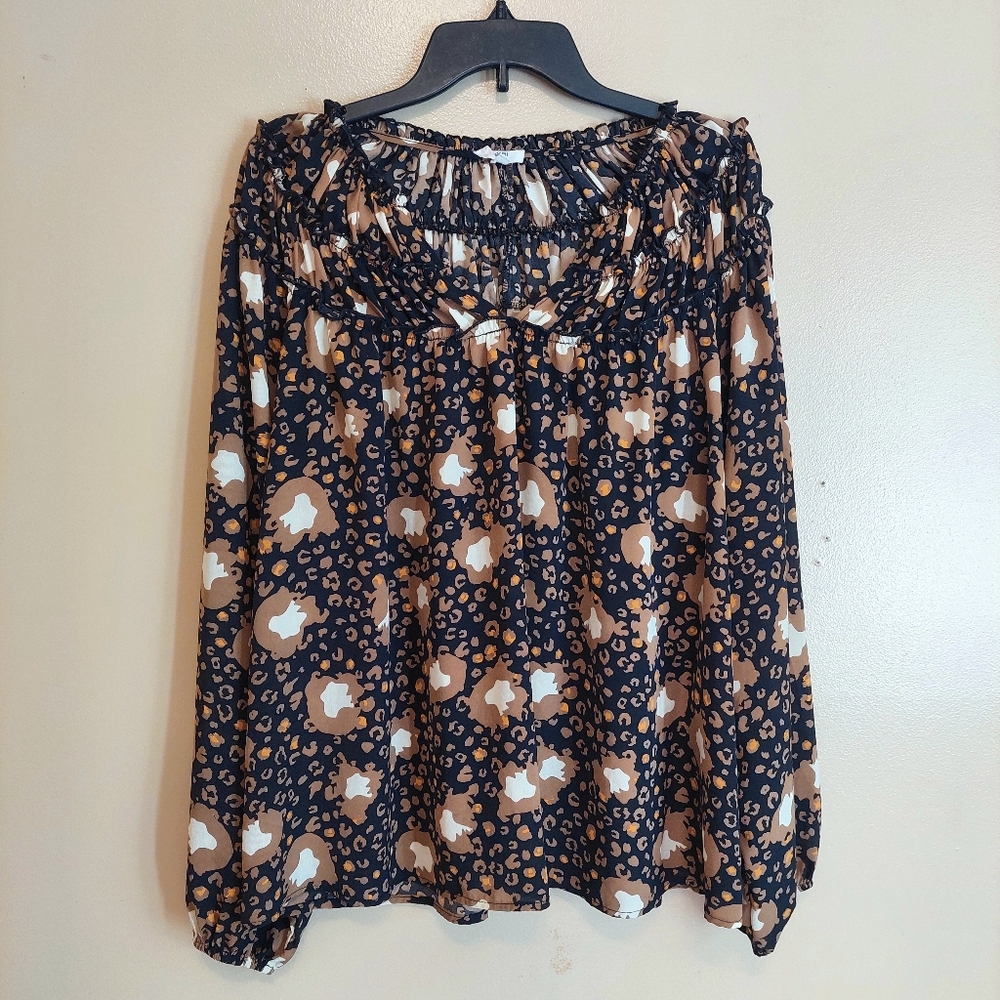 Entro Black and Tan Leopard Print Blouse Large Flowy Top
